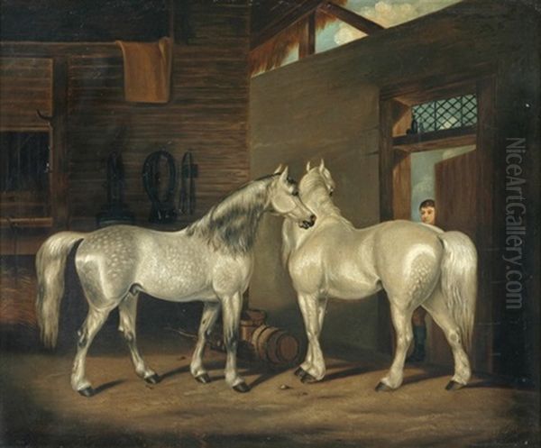 Two Greys In A Stable Oil Painting by Edwin (of Bath) Loder