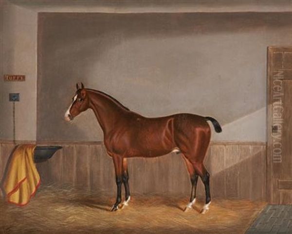 Toffy, A Chestnut Hunter In A Stable And Kaffir (+ A Black Racehorse In A Stable; 2 Works) Oil Painting by Edwin (of Bath) Loder