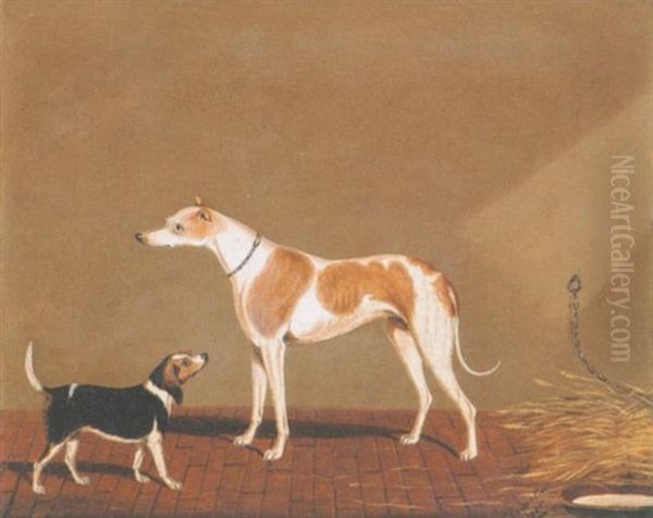 A Greyhound And A Beagle In A Stable Oil Painting by Edwin (of Bath) Loder