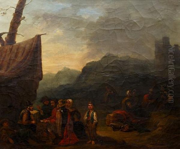 Soldiers And Other Figures By A Camp Oil Painting by William Mineard Bennett