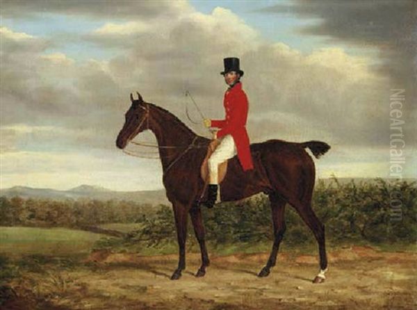 A Gentleman On His Bay Hunter In A Landscape Oil Painting by James (of Bath) Loder