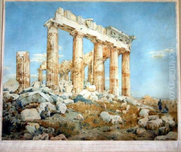 Kinnard Watercolour 'a View Made On The Acropolis....of The Temple Of Minerva' Signed 18.5 X 23in Oil Painting by William Mineard Bennett