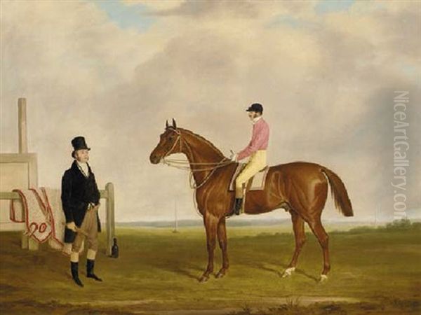 A Chestnut Racehorse With Jockey Up, And A Trainer, On A Racecourse Oil Painting by James (of Bath) Loder