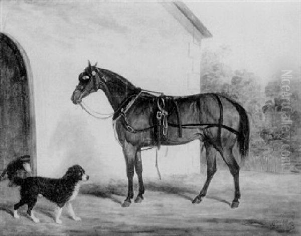 A Carriage Horse And A Spaniel Before Stables Oil Painting by James (of Bath) Loder