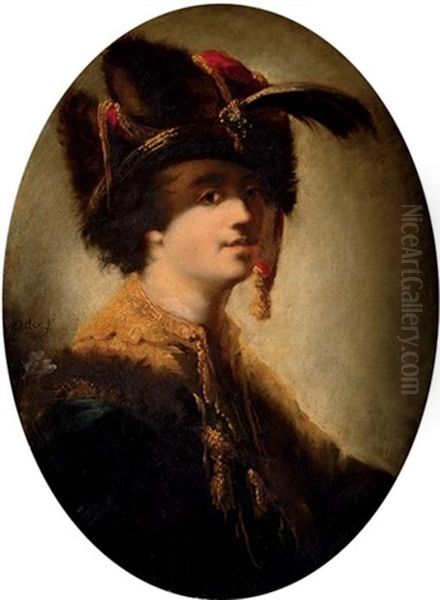 Portrait Of A Gentleman In A Golden Oriental Coat And Fur-trimmed Cloak, With A Fur Hat Adorned With A Plume by Matthaeus Loder