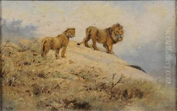 Lion And Lioness In Savannah Landscape Oil Painting by George Edward Lodge