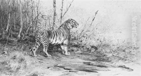 Tiger In A Landscape Oil Painting by George Edward Lodge