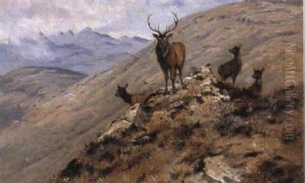 A Ten Pointer And Hinds At Inchnagardoch Oil Painting by George Edward Lodge