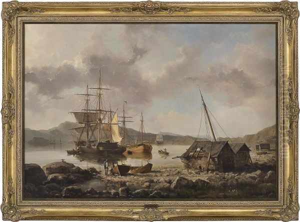 At A Norwegian Harbour Oil Painting by Johan Jacob Bennetter