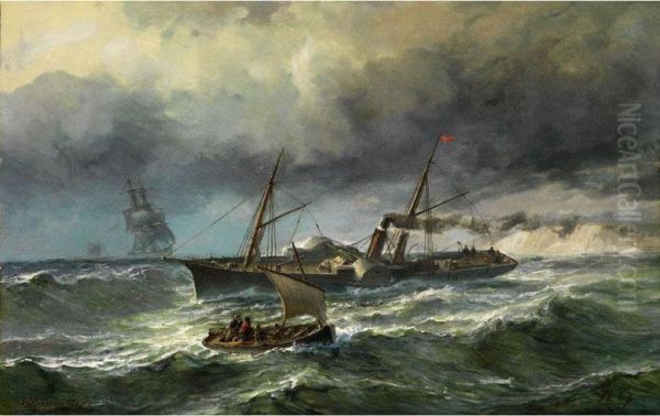 Marinebild Mit Einem Segeldampfer Aufbewegter See Mit Wellen Oil Painting by Johan Jacob Bennetter