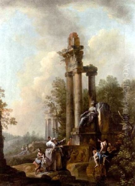 A Landscape With Figures Resting Before Classical Ruins (in Collab. With Tommaso Nicola Bertuzzi, L'anconitano) Oil Painting by Carlo Lodi