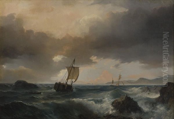 Kystlandskap Med Seilskuter Og Sjofugler Oil Painting by Johan Jacob Bennetter