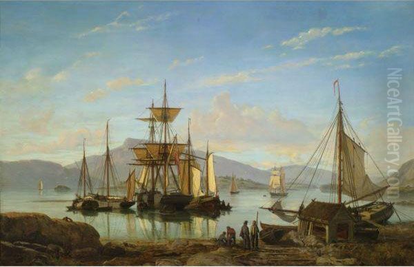 Ships In A Harbor Oil Painting by Johan Jacob Bennetter