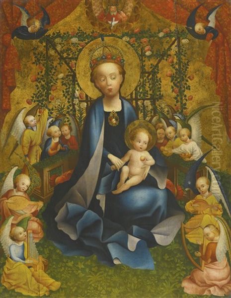 Madonna Of The Roses, Surrounded By Angels Making Music And Bearing Fruits Oil Painting by Stephan Loechner