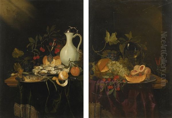 Still Life Of Oysters And A Fish, A Peeled Lemon, Cherries, A Facon De Venise Glass And A Mounted Faience Jug On A Partially-draped Table; Still Life Of A Melon, Grapes, Peaches And A Glass Roemer On A Partially-draped Table Oil Painting by Harmen Loeding