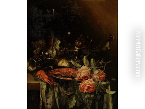 A Still Life Of Crayfish And Roses On A Pewter Plate, Grapes, A Roemer, A Tall Glass Beaker Of Red Wine, A Partly Peeled Lemon, An Overturned Pewter Cup And A Butterfly On A Green Cloth Draped On A Marble Ledge Oil Painting by Harmen Loeding