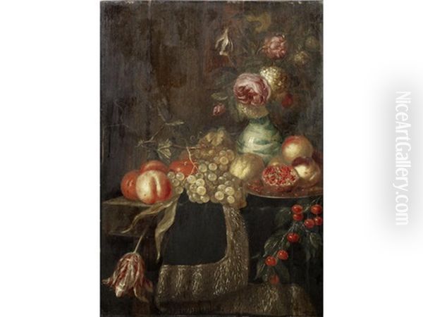 Roses And Other Flowers In A Kraak Porcelain Vase, On A Draped Table, With Pomegranates, Peaches, Cherries And Other Fruit Oil Painting by Harmen Loeding