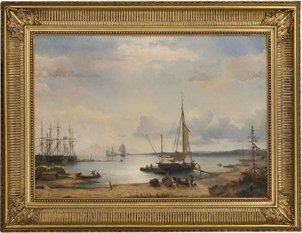 Part Of A Harbour Withsailing Ships Oil Painting by Johan Jacob Bennetter