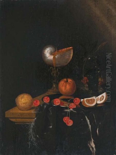 Nature Morte Au Nautile, Orange, Cerises, Citron, Roemer Et Fraises Des Bois Sur Un Entablement Garni D'un Tapis Frange Oil Painting by Harmen Loeding