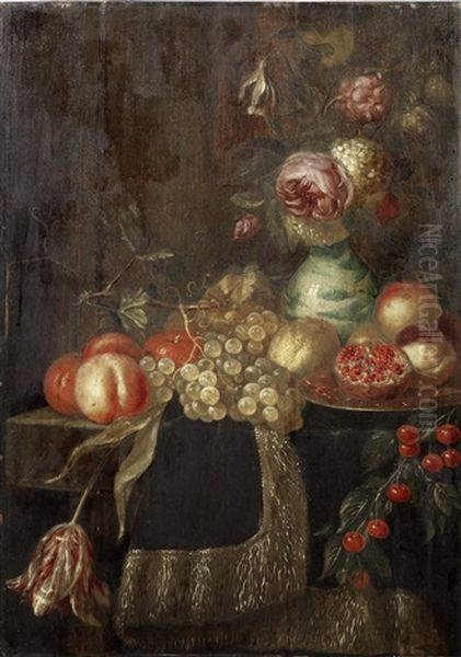 Roses And Other Flowers In A Kraak Porcelain Vase, On A Draped Table, With Pomegranates, Peaches, Cherries And Other Fruit Oil Painting by Harmen Loeding