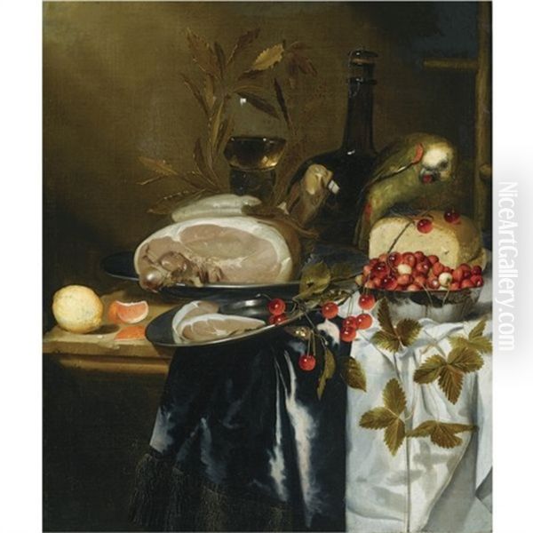 Still Life Of A Ham On A Pewter Plate, A Loaf Of Bread, Wild Strawberries In A Silver Bowl, A Roemer And A Glass Flask, A Branch Of Cherries, A Lemon And A Sliced Orange, All Arranged On A Partly Draped Table, Together With A Parrot Oil Painting by Harmen Loeding