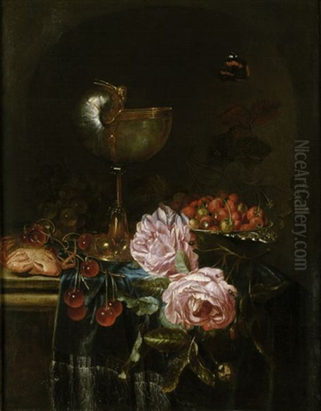 Stilleben Mit Nautiluspokal, Erdbeeren Und Taschenkrebs Oil Painting by Harmen Loeding