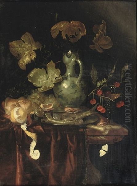 A Silver Mounted Kendi, A Peeled Lemon, A Roll Of Bread, And Black And White Grapes Oil Painting by Harmen Loeding