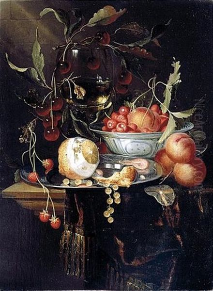 Still Life Of A Peeled Lemon With Prawns And Whitecurrants On A Pewter Dish, With Peaches And Fraises-de-bois In A Blue-and-white Porcelain Bowl, Cherries And A Roemer, All Upon A Partly Draped Table Oil Painting by Harmen Loeding