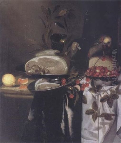 Nature Morte Au Jambon, Plat De Cerises Et Fraises, Bouteille, Animee D'un Perroquet Oil Painting by Harmen Loeding