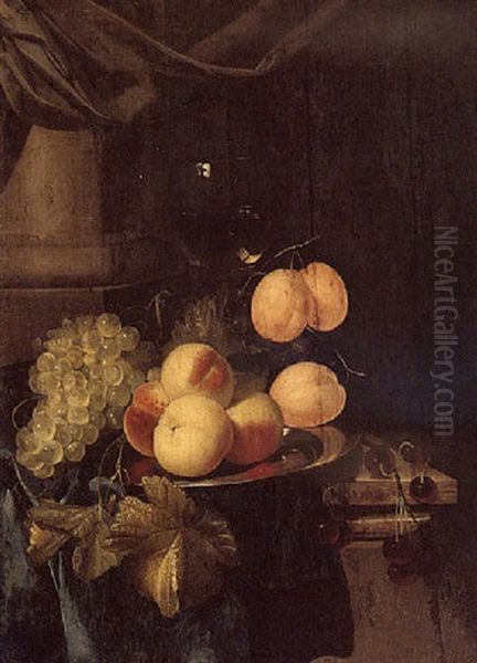 Still Life Of Grapes, Peaches And Plums On A Silver Plate, Cherries And A Roemer, All Set On A Draped Table Oil Painting by Harmen Loeding