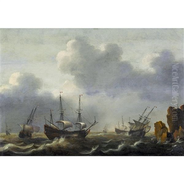 Hollandische Segelschiffe Vor Felsiger Kuste Oil Painting by Jacob Gerritz Loef