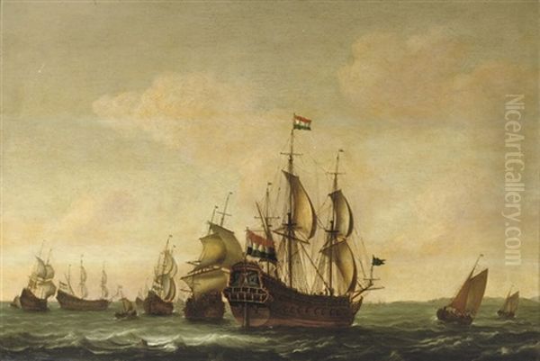 A Man O'war With Other Shipping In Choppy Waters Oil Painting by Jacob Gerritz Loef