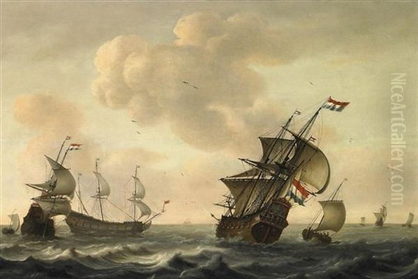 Marine. Dreimaster Und Piken Bei Frischer Brise. Im Stern Der Rechten Fregatte Ein Admiral Oil Painting by Jacob Gerritz Loef