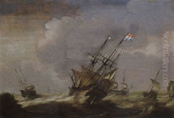 A Dutch Man-o-war And Other Ships In Stormy Seas Oil Painting by Jacob Gerritz Loef