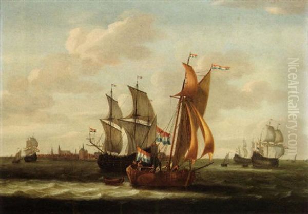 A Kaag, Small Cargo Ships And Other Vessels On The Zuiderzee With A View Of Hoorn In The Background Oil Painting by Jacob Gerritz Loef