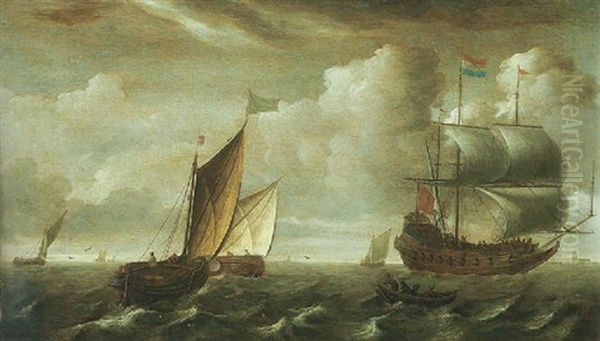 A Man Of War And Dutch Shipping Vessels On The Zuider Zee Oil Painting by Jacob Gerritz Loef