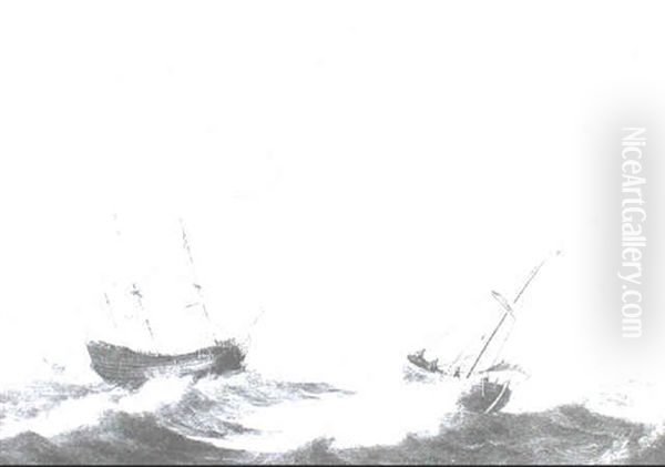 Ships In A Rough Sea Oil Painting by Jacob Gerritz Loef