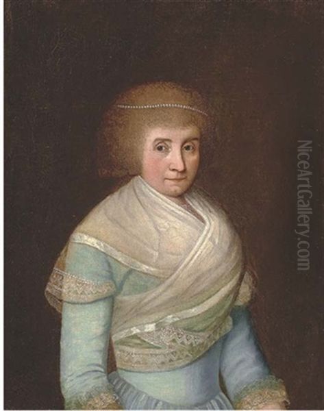 Portrait Of A Lady In A Blue Dress With A White Wrap, A Pearl Tiara In Her Hair (+ Portrait Of A Gentleman In A Green Coat; Pair) Oil Painting by Franz Conrad (Francois) Loehr