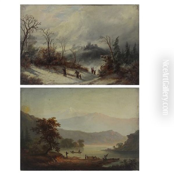 Two Oil On Board Landscapes Oil Painting by Alexander Francois Loemans