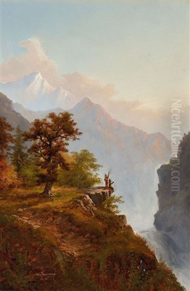 Two Works
A) Mountain Landscape With Figures On A Cliff's Edge
B) Mountain Landscape With Figures By A Cottage Oil Painting by Alexander Francois Loemans