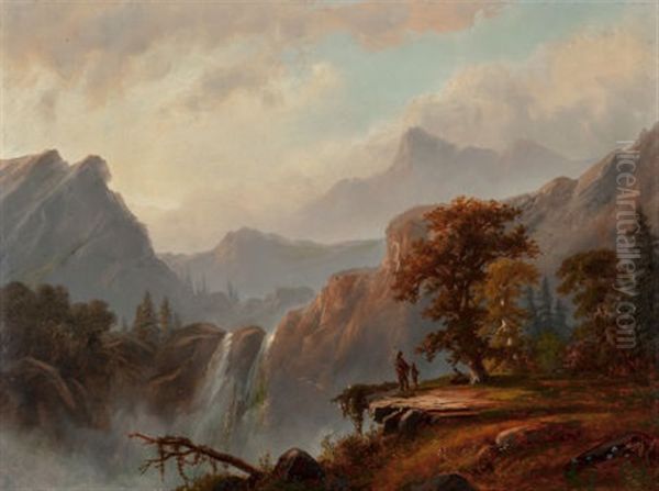 Indians By The Falls Oil Painting by Alexander Francois Loemans