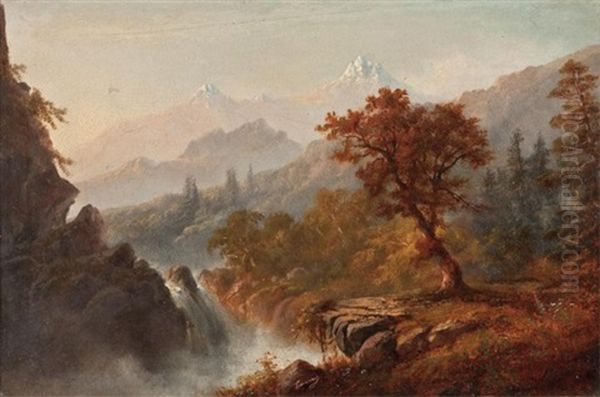 Alpine Waterfall Oil Painting by Alexander Francois Loemans