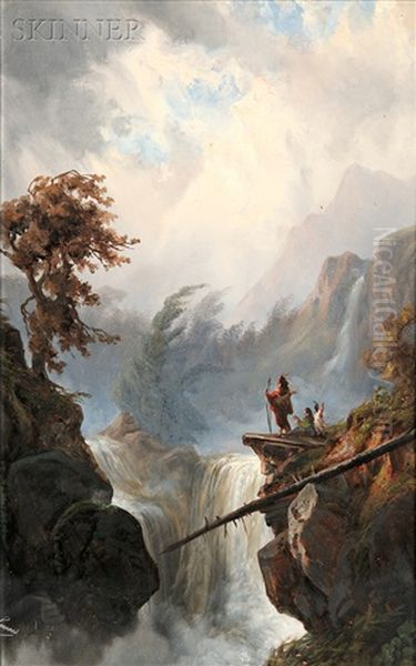 Vista With Native Americans On An Outcropping (+ View Of The Canadian Rockies At Dusk; 2 Works) Oil Painting by Alexander Francois Loemans