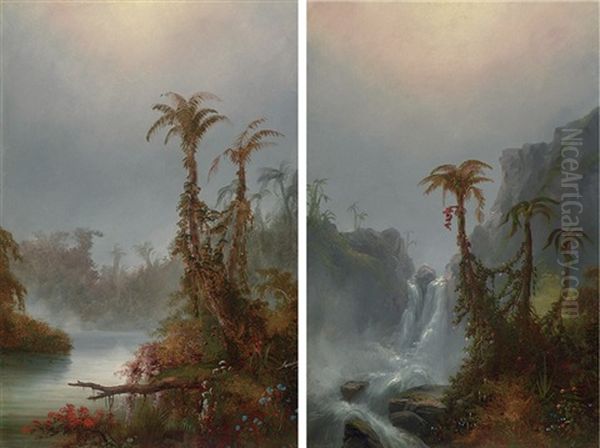 Tropical Scene With Fallen Tree (+ Tropical Landscape With Waterfall; Pair) Oil Painting by Alexander Francois Loemans