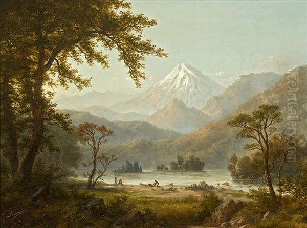 Indians Fishing Below Snow Capped Mountains Oil Painting by Alexander Francois Loemans