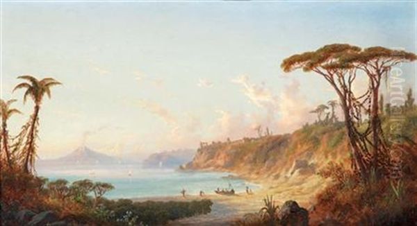 Tropical Landscape (+ View Of The Bay Of Naples; 2 Works) Oil Painting by Alexander Francois Loemans