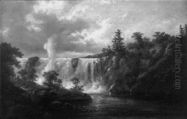 River Landscape With Waterfall Oil Painting by Alexander Francois Loemans