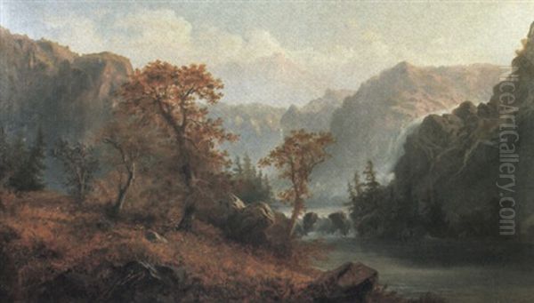 Rocky Mountains And Rushing River Beneath Falls Oil Painting by Alexander Francois Loemans