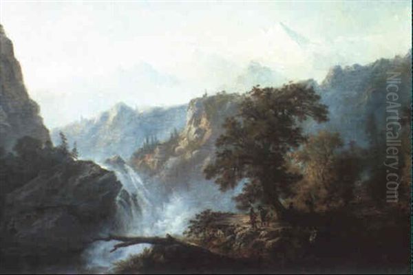 Indian Encampment Near A Falls In The Rockies Oil Painting by Alexander Francois Loemans