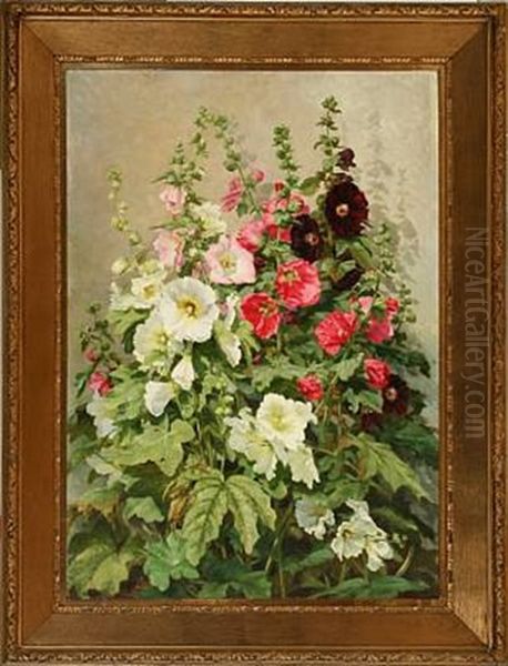 White, Rose And Dark Red Hollyhocks Oil Painting by Emma Auguste Loffler